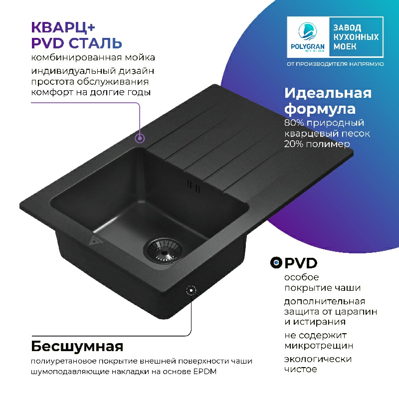 Кухонная мойка Tolero Twist-760 "Black Editon"